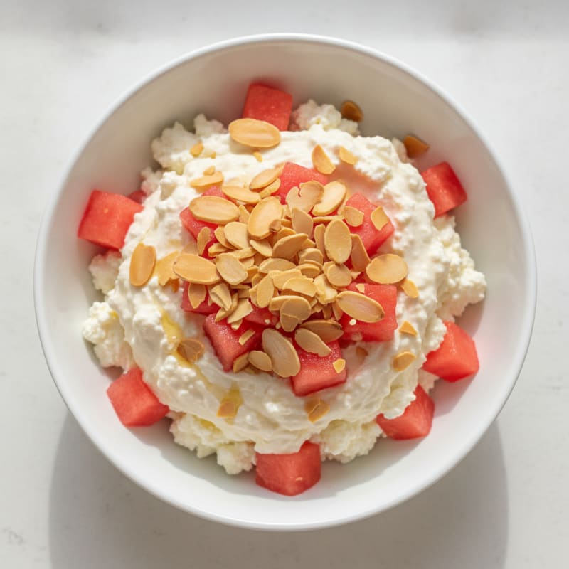 Chilled Greek Yogurt and Whey Protein Parfait with Diced Watermelon