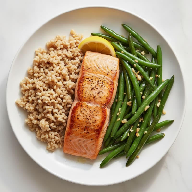 Seared Salmon Filet with Garlic Green Beans and Brown Rice
