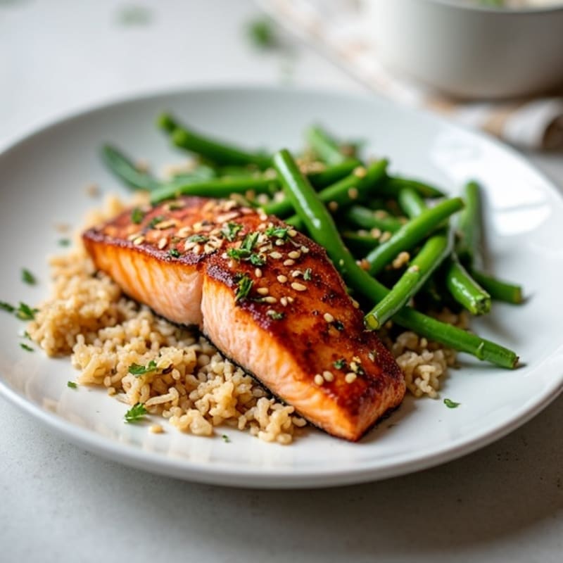 Pan-Seared Salmon with Sesame-Ginger Green Beans and Brown Rice