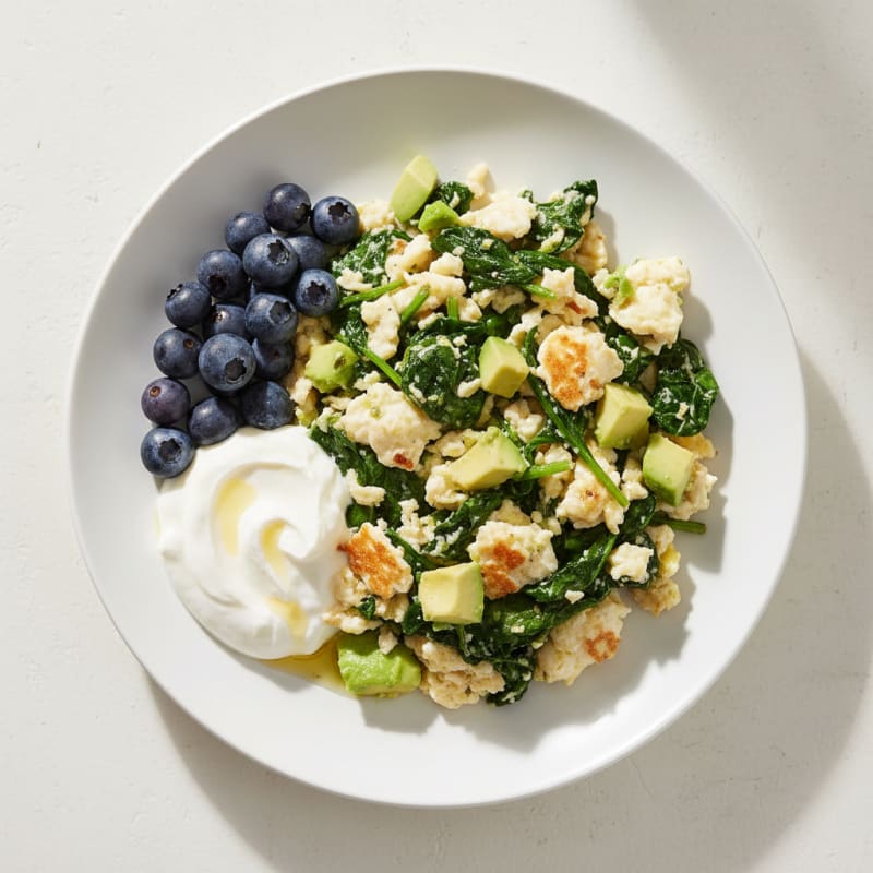Egg White and Spinach Scramble with Greek Yogurt and Fresh Berries