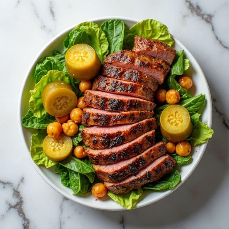 Grilled Steak Salad with Crunchy Pickles and Roasted Chickpeas
