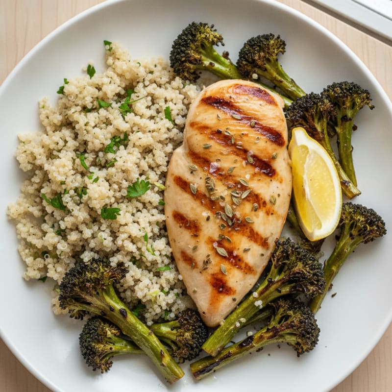 Grilled Chicken Breast with Quinoa and Roasted Broccoli