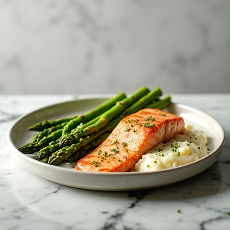 Seared Salmon with Steamed Asparagus and Cauliflower Mash