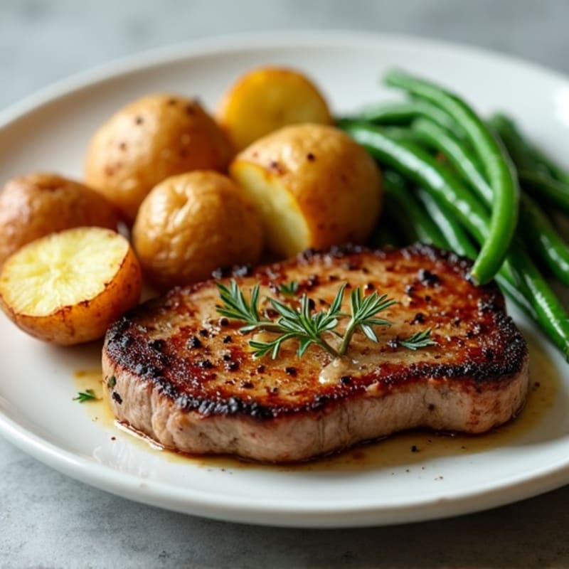 Garlic Butter Pan-Seared Steak with Crispy Roasted Potatoes and Tender Green Beans