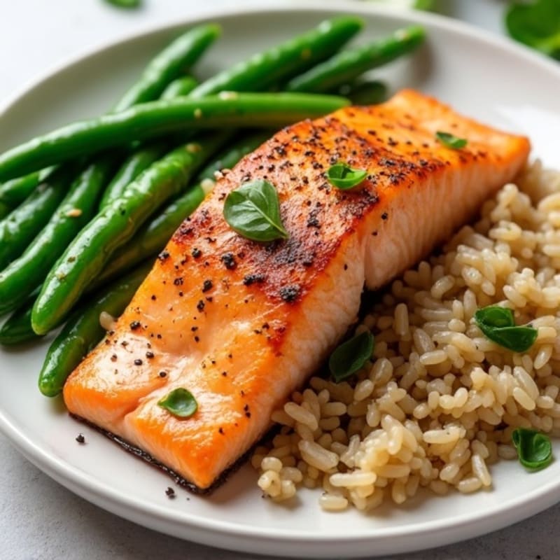 Seared Salmon Fillet with Steamed Green Beans and Brown Rice