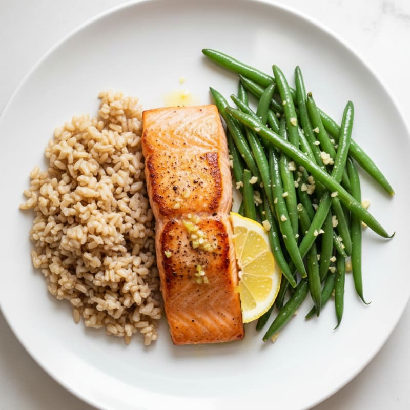 Seared Salmon Fillet with Garlic Green Beans and Brown Rice