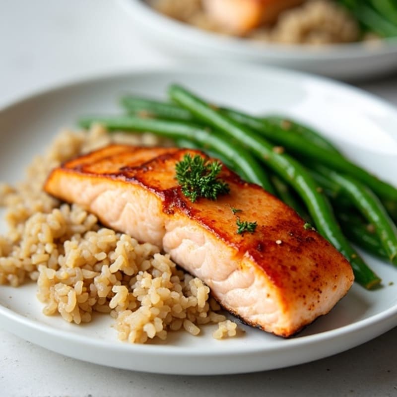 Seared Salmon Fillet with Garlic Green Beans and Brown Rice