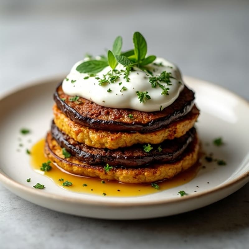Lean Ground Lamb and Roasted Eggplant Layers with Creamy Herb Sauce