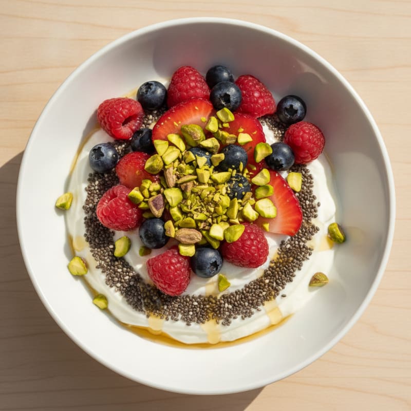 Creamy Greek Yogurt with Chia, Pistachios and Fresh Berries