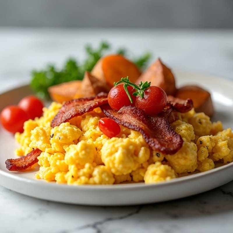 Crispy Turkey Bacon and Egg White Scramble with Roasted Sweet Potato