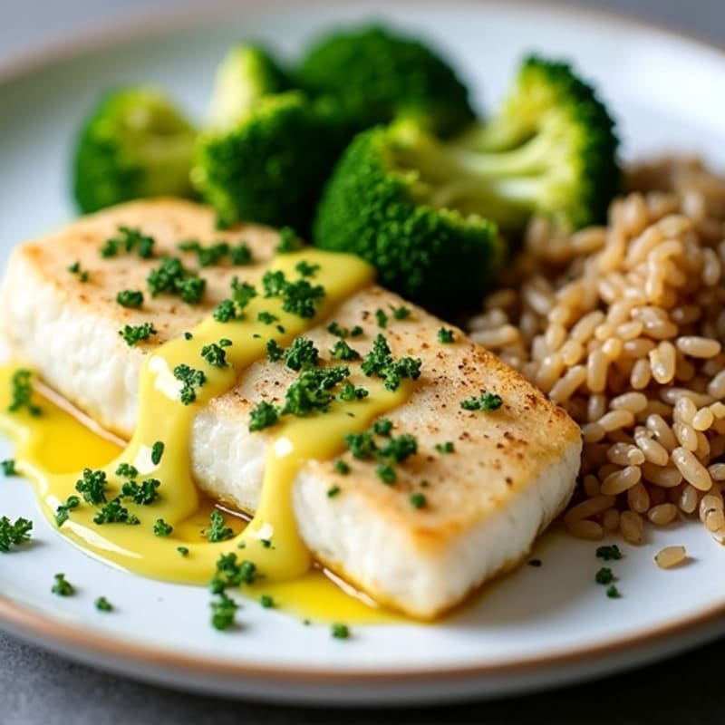 Lemon Herb Baked Cod with Steamed Broccoli, Brown Rice, and Avocado Drizzle