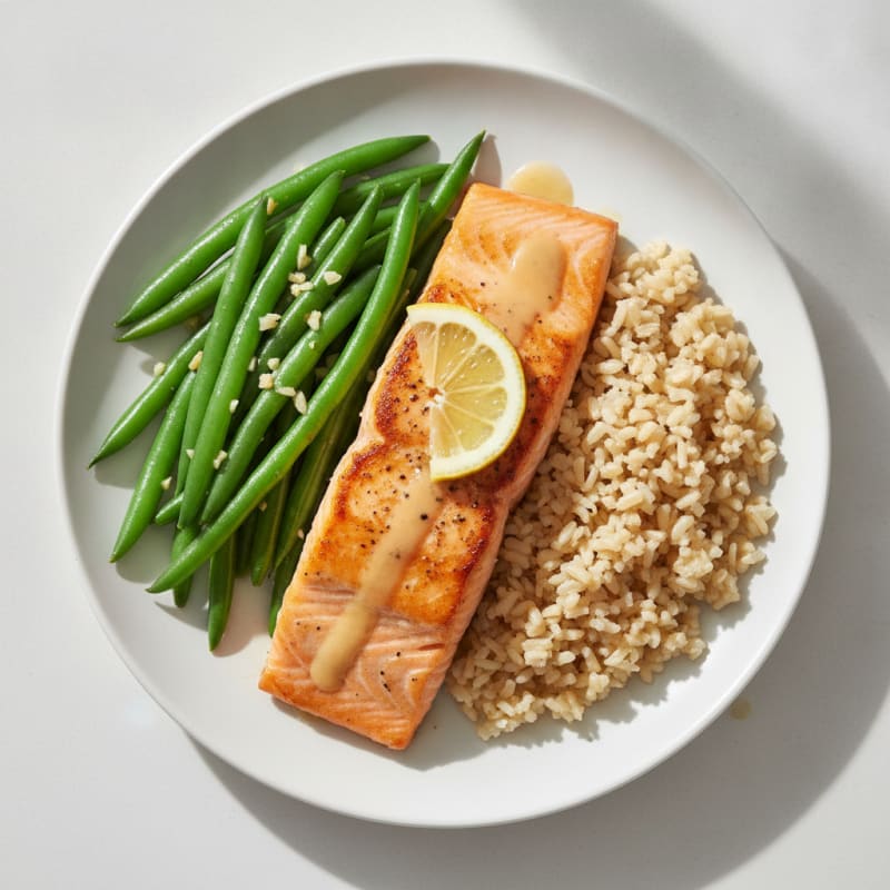 Seared Salmon Fillet with Garlic Green Beans and Brown Rice
