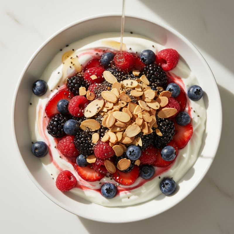 Greek Yogurt Protein Parfait with Mixed Berries and Almonds