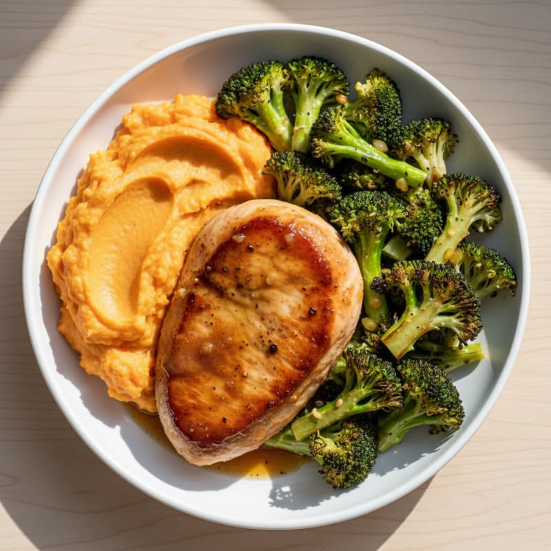 Seared Turkey Breast with Roasted Broccoli and Sweet Potato Mash