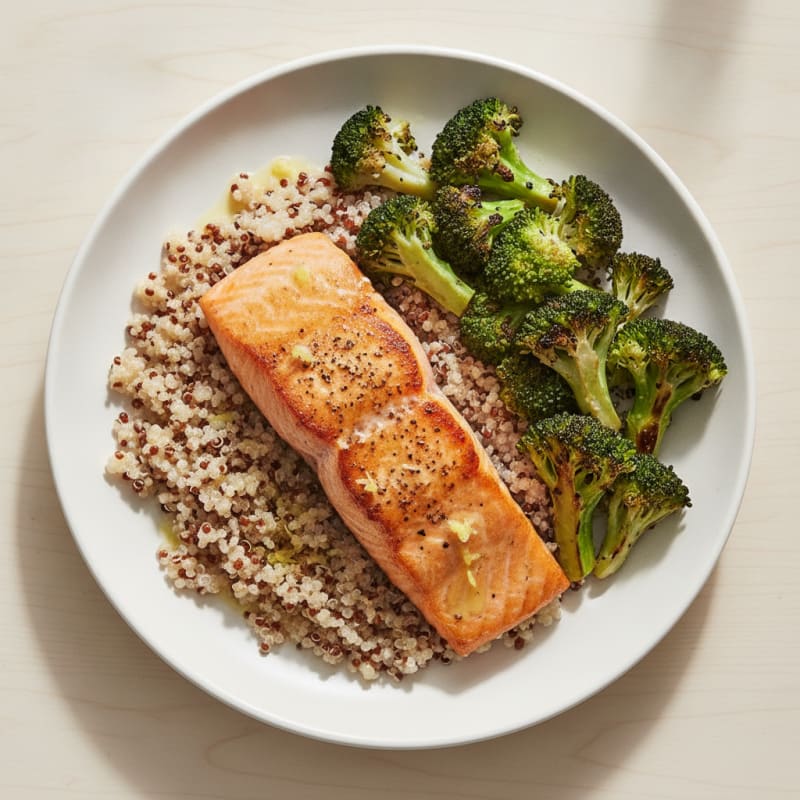 Seared Salmon Filet with Roasted Broccoli and Quinoa