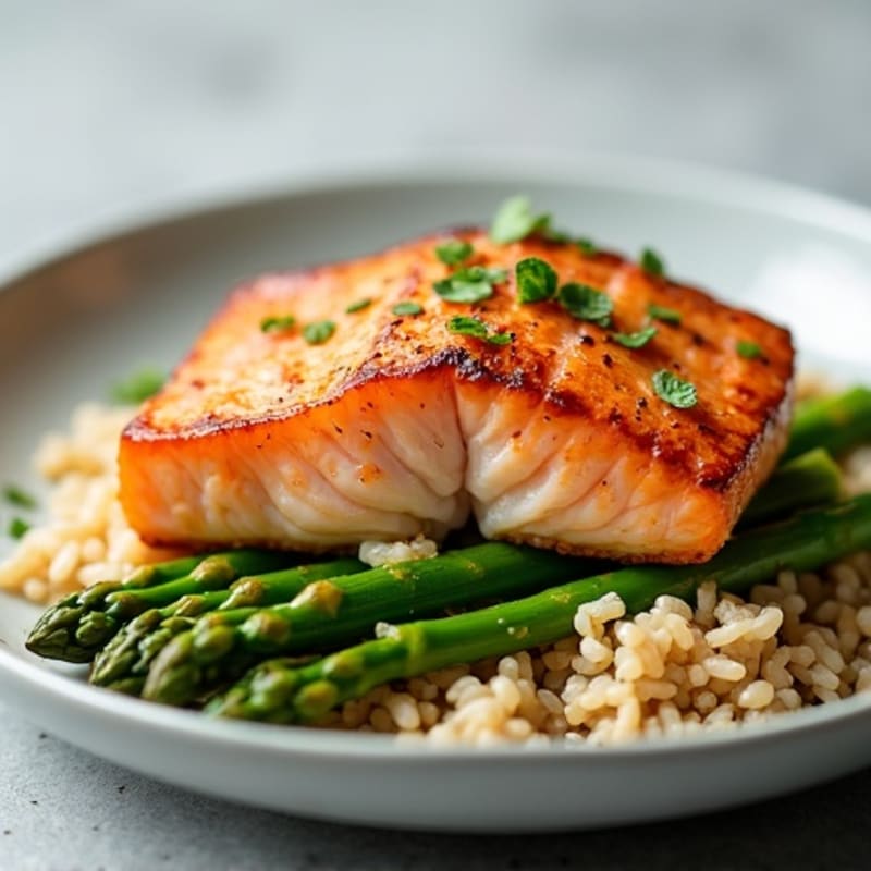 Seared Salmon with Steamed Asparagus and Brown Rice