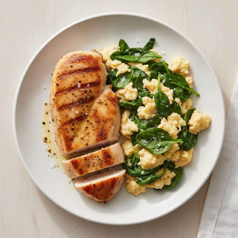 Pan-Seared Chicken with Spinach Scrambled Eggs