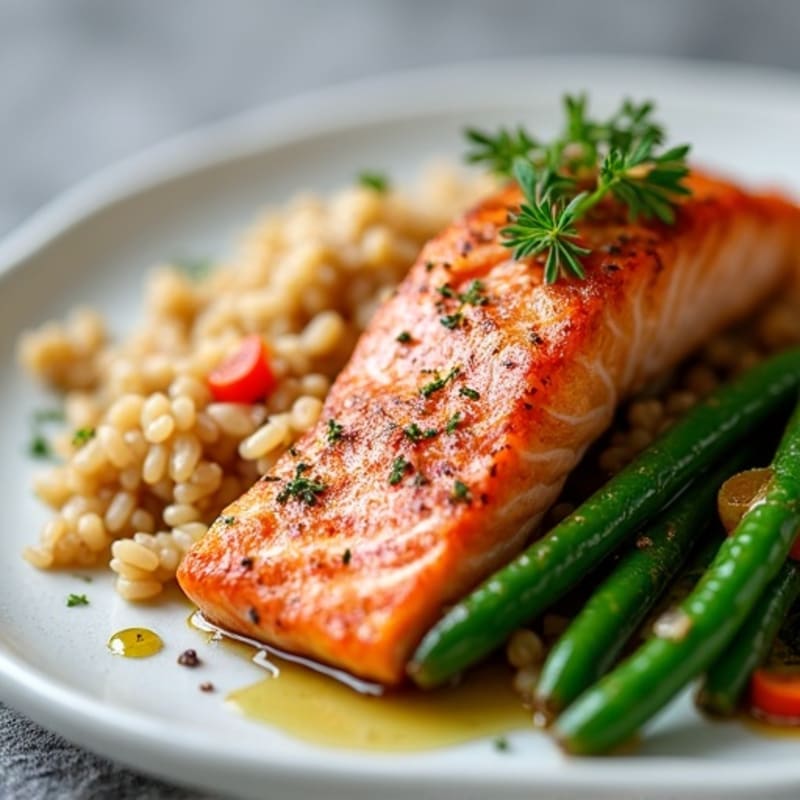 Seared Salmon with Brown Rice and Roasted Green Beans
