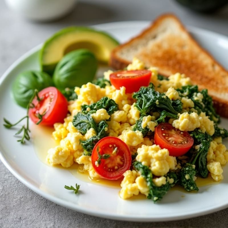 Egg White and Cottage Cheese Scramble with Spinach, Cherry Tomatoes & Avocado Toast