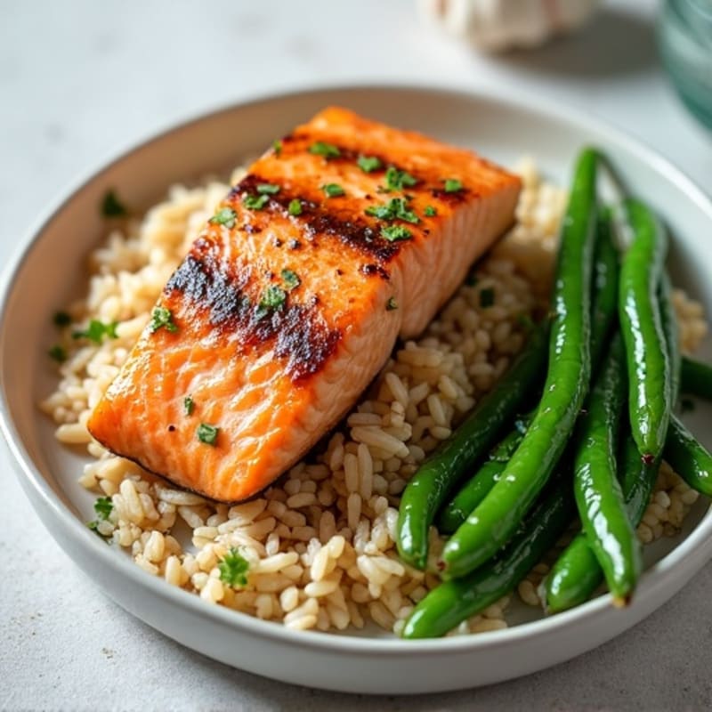Seared Salmon Fillet with Garlic Green Beans and Brown Rice