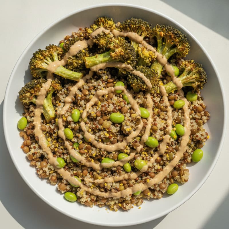 Lentil and Quinoa Bowl with Roasted Broccoli and Tahini Drizzle