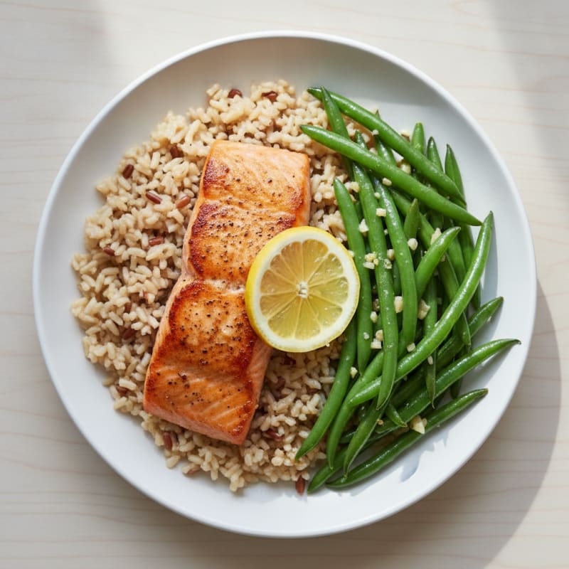 Seared Salmon with Garlic Green Beans and Brown Rice