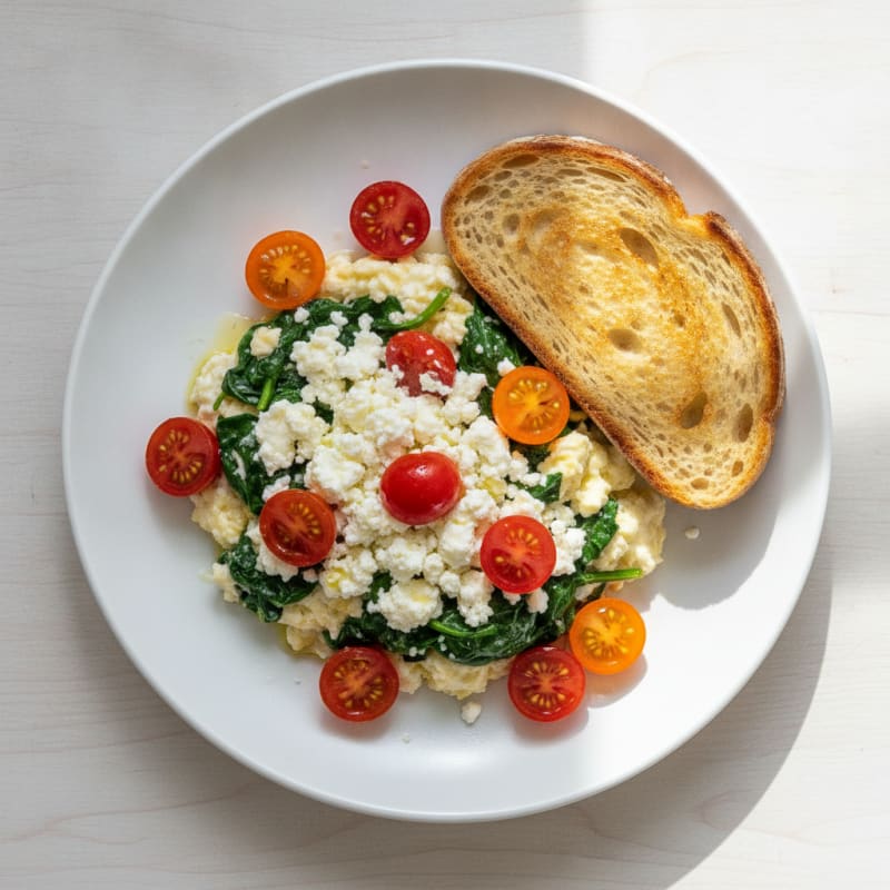 Egg White and Spinach Scramble with Cottage Cheese and Cherry Tomatoes