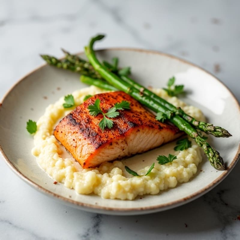 Seared Salmon with Roasted Asparagus and Cauliflower Mash