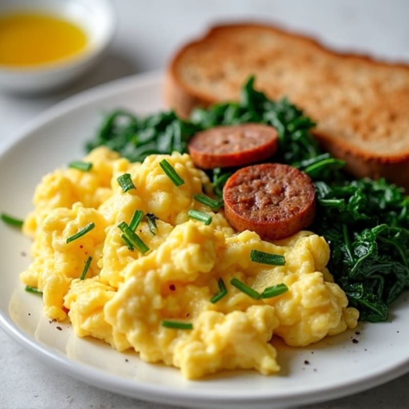 Egg White Scramble with Chicken Sausage and Steamed Spinach