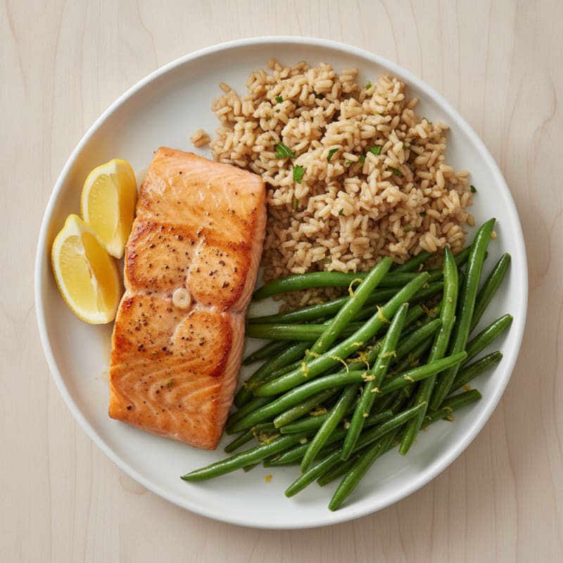 Seared Salmon with Garlic Green Beans and Brown Rice