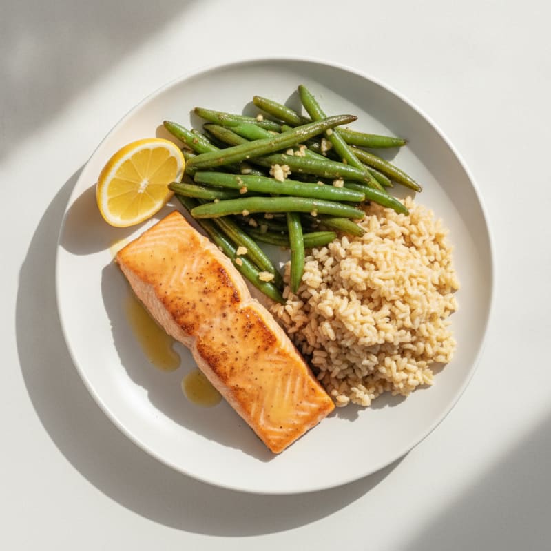 Seared Salmon with Garlic Green Beans and Brown Rice