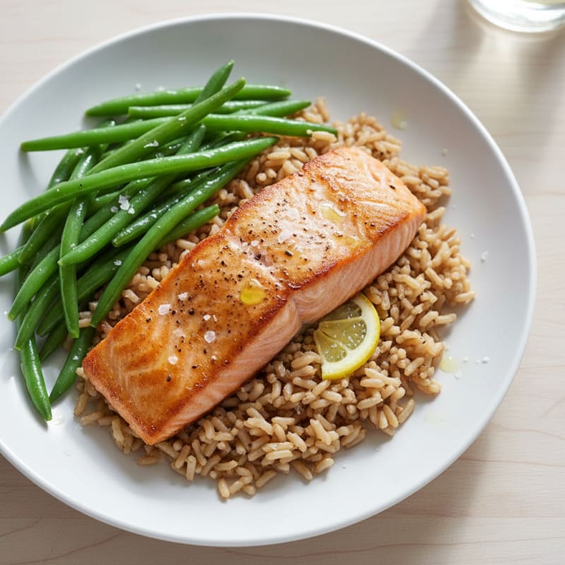 Seared Salmon Fillet with Steamed Green Beans and Brown Rice