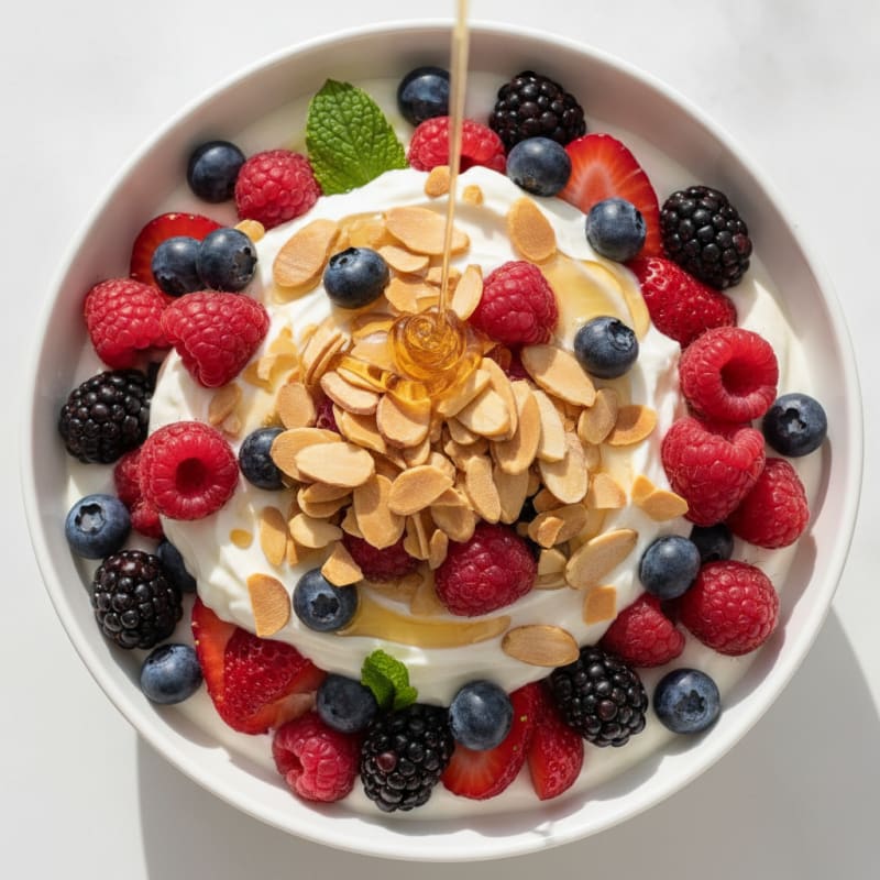 Greek Yogurt Protein Parfait with Mixed Berries and Almonds