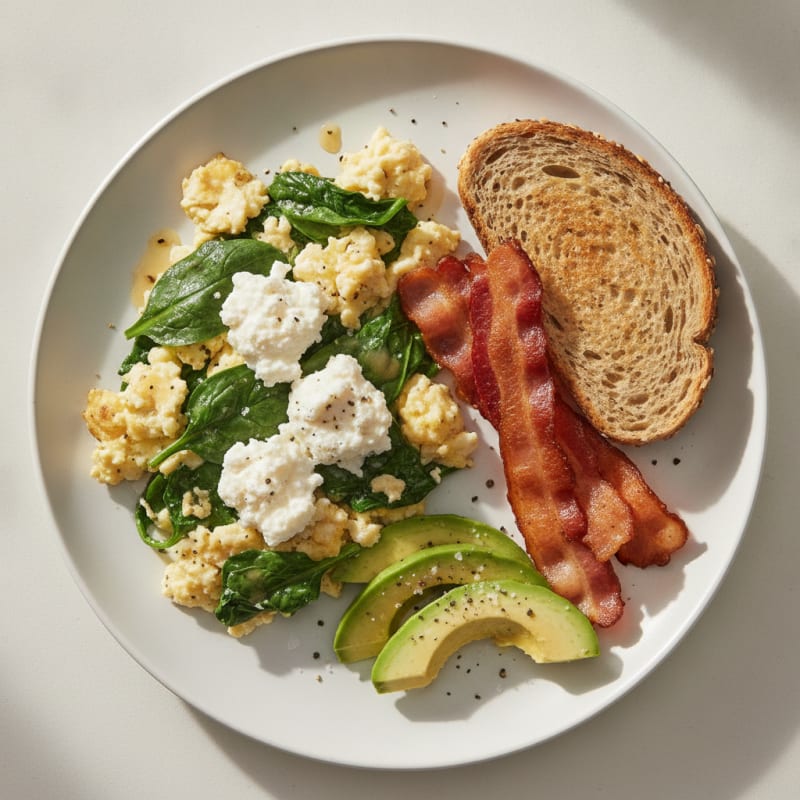 Egg White Spinach Scramble with Cottage Cheese and Turkey Bacon