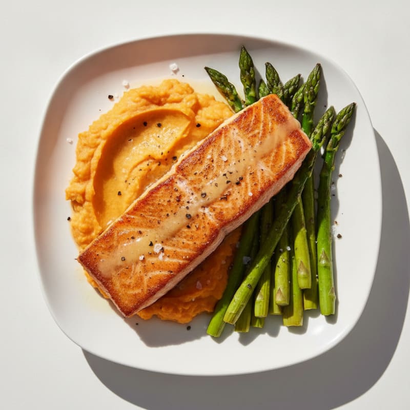 Seared Salmon Fillet with Roasted Asparagus and Sweet Potato Mash