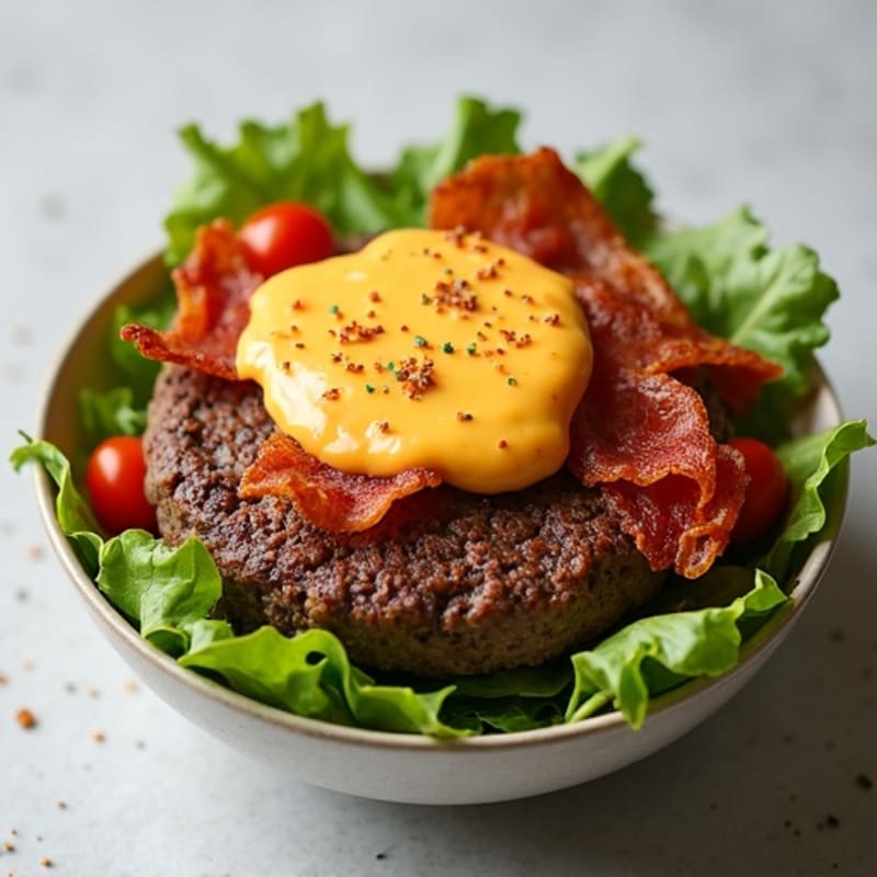 Lean Ground Beef and Crispy Bacon Burger Bowl with Creamy Cheddar Dressing and Fresh Greens