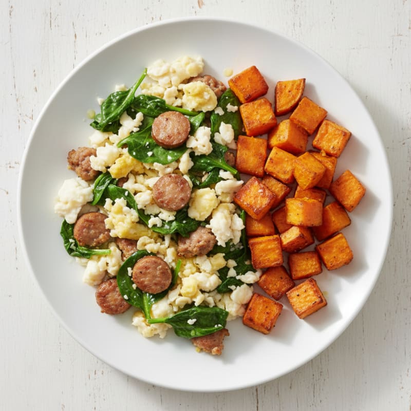 Egg White and Turkey Sausage Scramble with Spinach and Roasted Sweet Potato