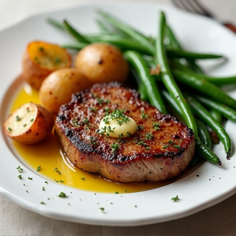 Pan-Seared Garlic Butter Steak with Roasted Potatoes and Green Beans