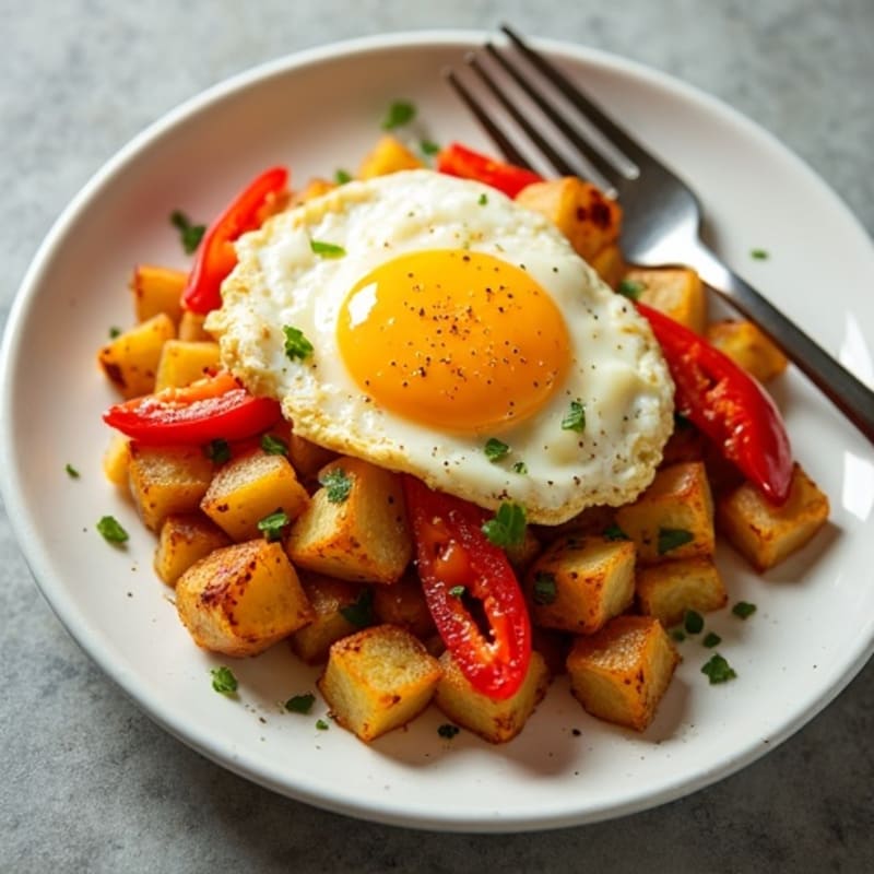 Crispy Potato and Bell Pepper Hash with Scrambled Eggs and Sharp Cheddar