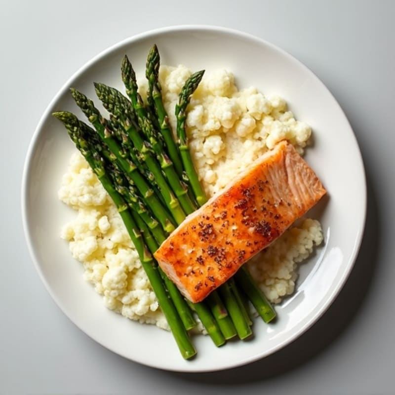Seared Salmon with Steamed Asparagus and Garlic Cauliflower Mash