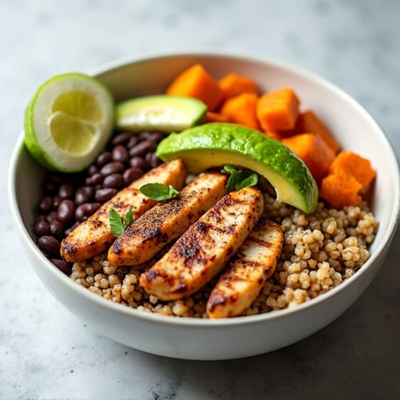 Spicy Black Bean Quinoa Bowl with Roasted Sweet Potatoes