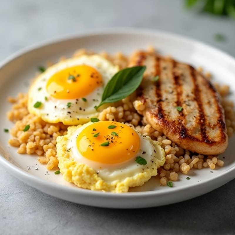 Scrambled Eggs with Grilled Chicken and Brown Rice