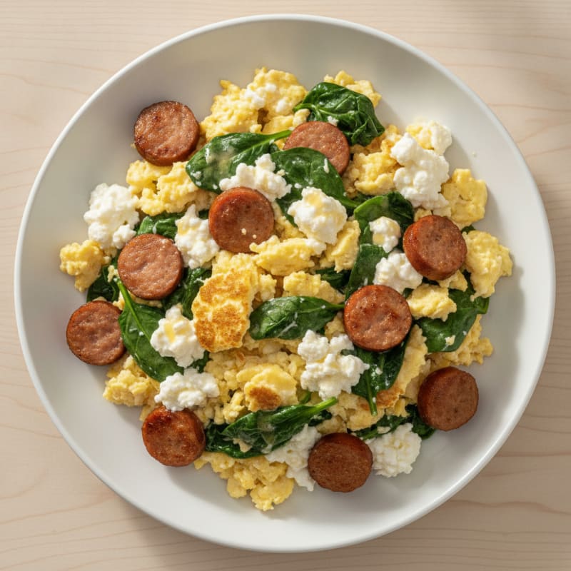 Cottage Cheese Scramble with Spinach and Turkey Sausage