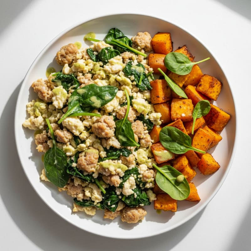 Egg White and Turkey Sausage Scramble with Spinach and Roasted Sweet Potato
