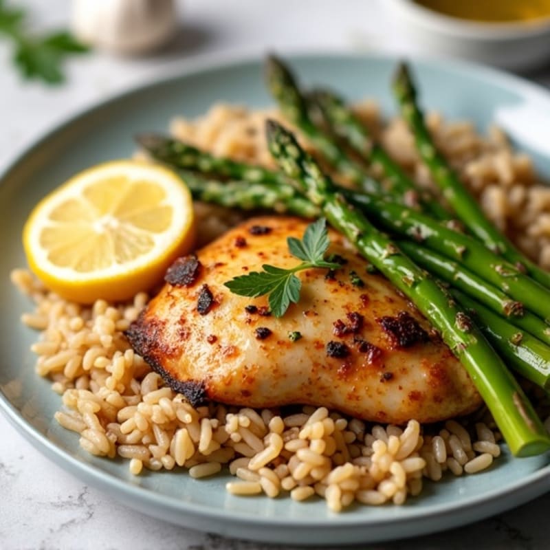 Lemon Herb Roasted Chicken with Fluffy Brown Rice and Roasted Asparagus