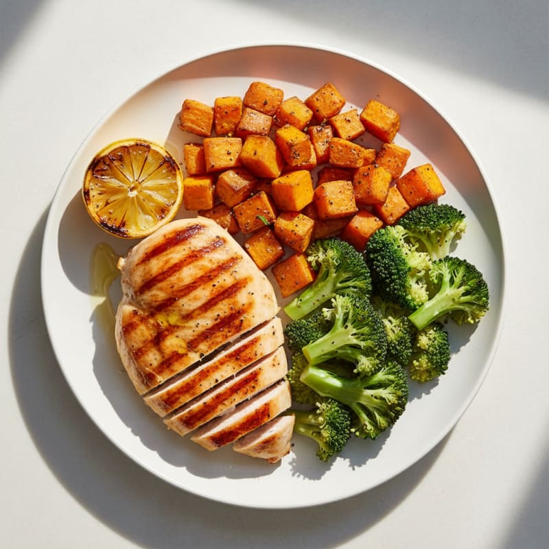 Grilled Chicken Breast with Roasted Sweet Potato and Steamed Broccoli