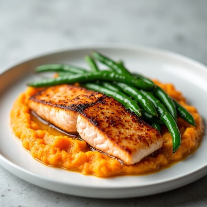 Seared Salmon with Steamed Green Beans and Sweet Potato Mash