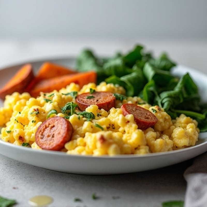 Egg White and Turkey Sausage Scramble with Spinach and Roasted Sweet Potatoes