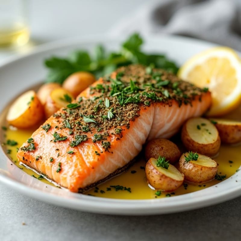 Herb-Crusted Baked Salmon with Garlic Roasted Potatoes