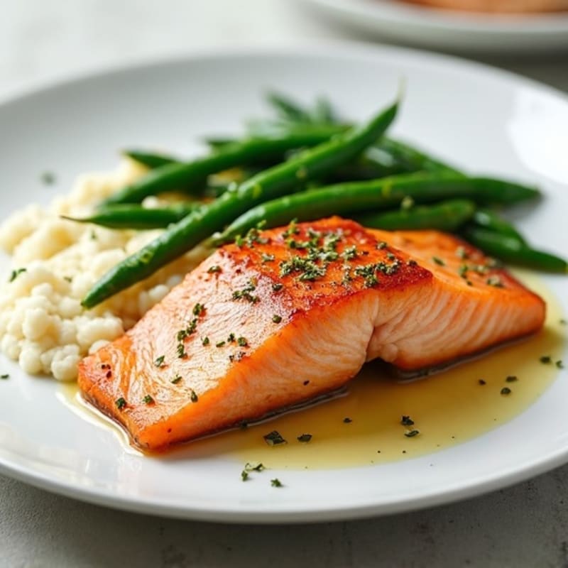 Seared Salmon with Garlic Green Beans and Cauliflower Mash